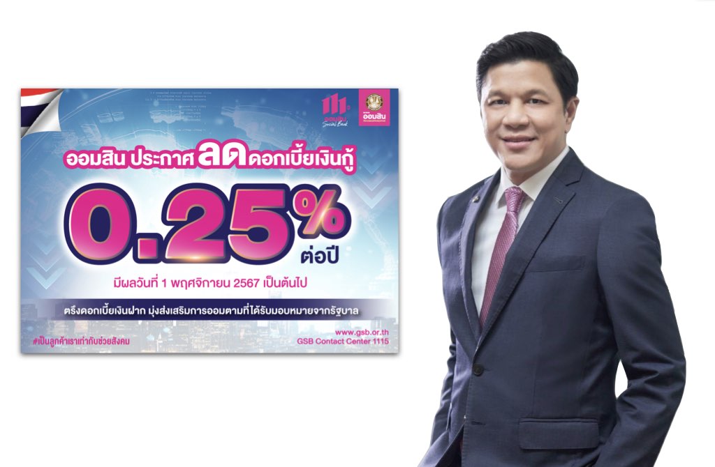 ออมสิน ประกาศลดดอกเบี้ยเงินกู้ 0.25% มีผล 1 พ.ย. 67 ตรึงดอกเบี้ยเงินฝาก