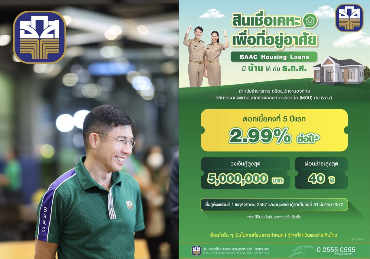 ธ.ก.ส. จัดสินเชื่อ BAAC Housing Loans ดอกเบี้ย 5 ปีแรก ร้อยละ 2.99